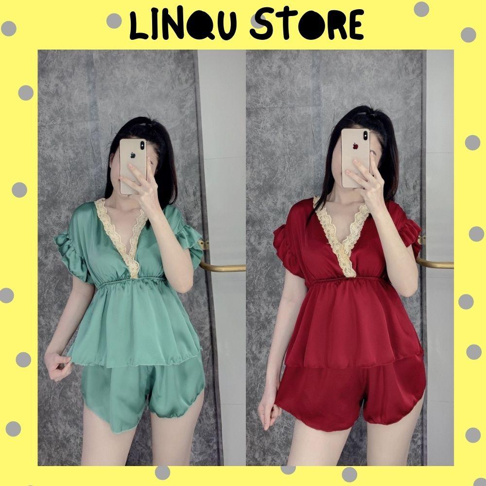 Đồ ngủ sexy áo cổ V quần đùi chất satin mặc ngủ thoải mái freesize
