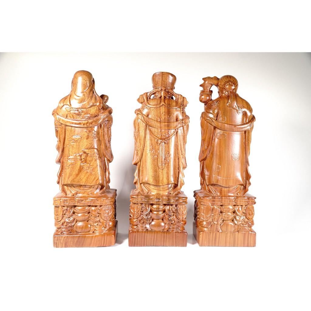Bộ 3 tượng Phúc Lộc Thọ gỗ hương đứng trên khối đồng xu nguyên khối điêu khắc chạm cực đẹp - Cao 30cm