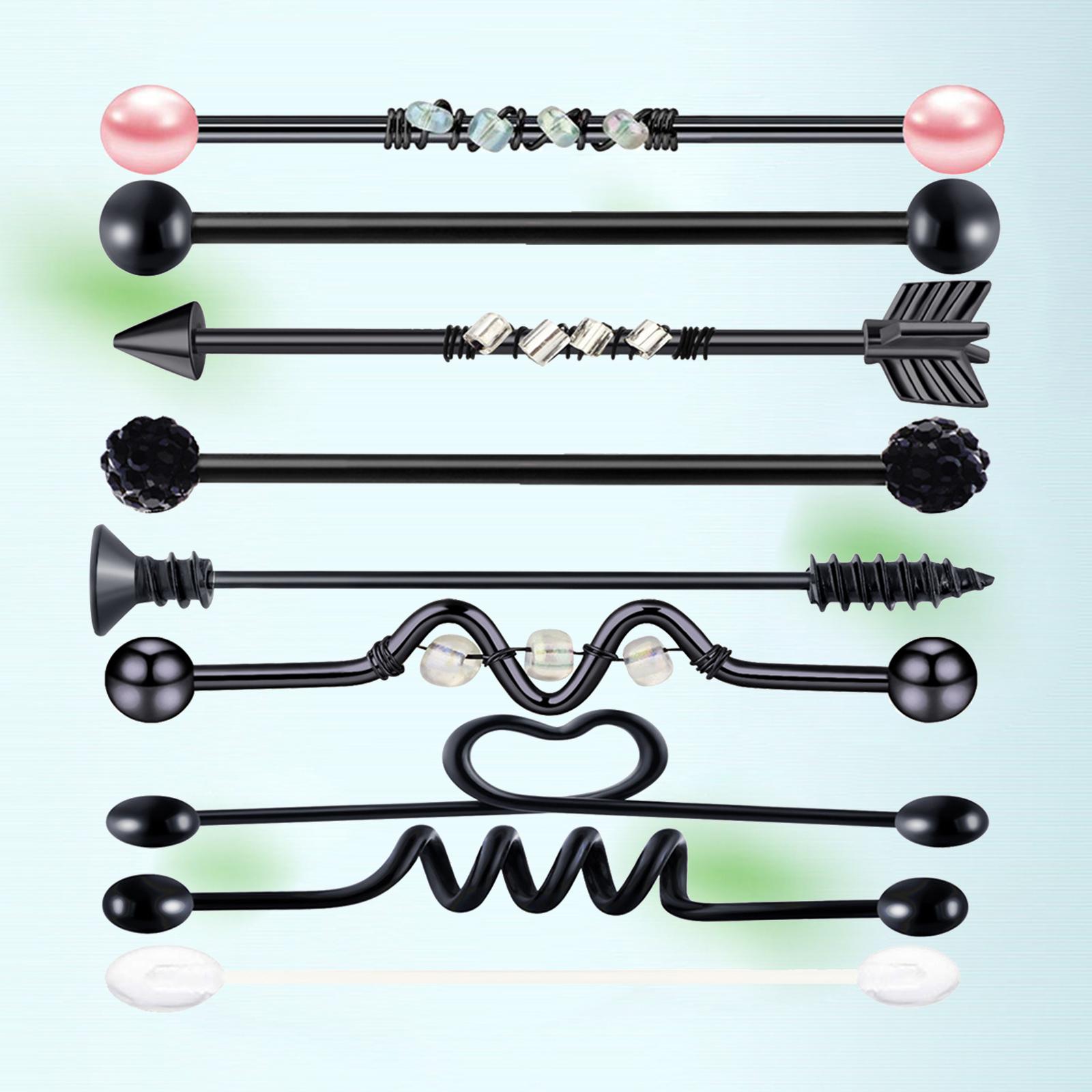 9Pcs Labret Ear Helix Earring Bar Barbell Body Piercing Jewelry Black