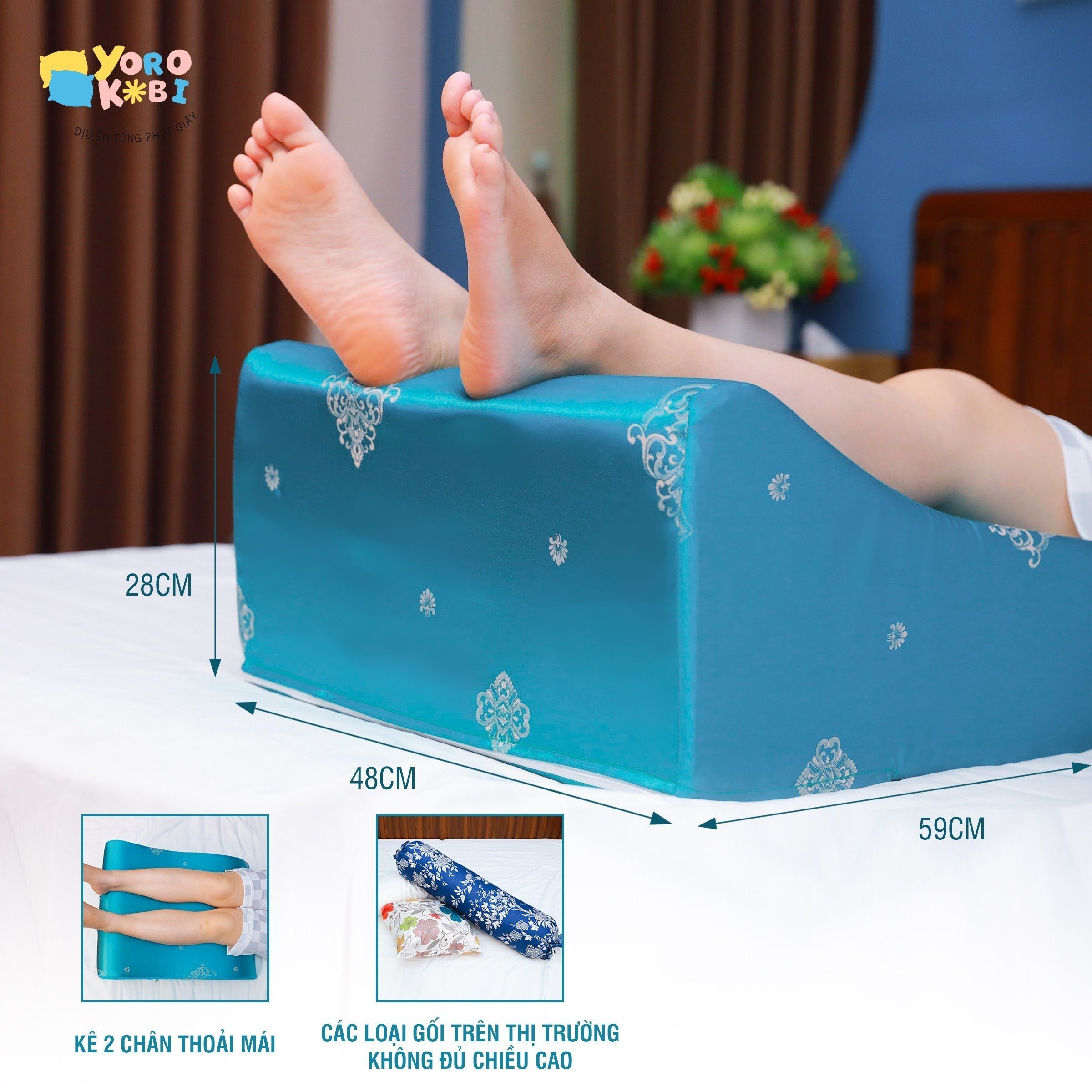 Gối kê chân chống giãn tĩnh mạch YOROKOBI cao 25cm dành cho người đau nhức chân, tiểu đường, tê bì, vọp bẻ, kiến bò, mẹ bầu phù chân tích nước - hàng thương hiệu- XANH NGỌC BÍCH