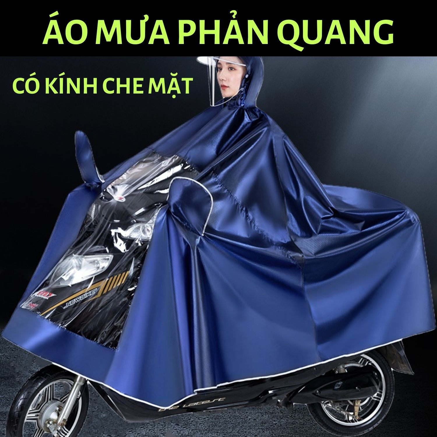 Áo Mưa Phản Quang Vải Dù Loại 1 Mũ Và 2 Mũ Có Kính Che Mặt Chụp Gương Xe