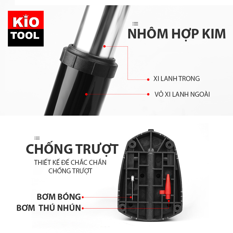 Bơm hợp kim nhôm loại đạp chân dùng cho xe đạp, xe máy, ô tô, có đồng hồ báo áp suất nhỏ gọn vừa cốp xe thương hiệu Kiotool hàng chính hãng