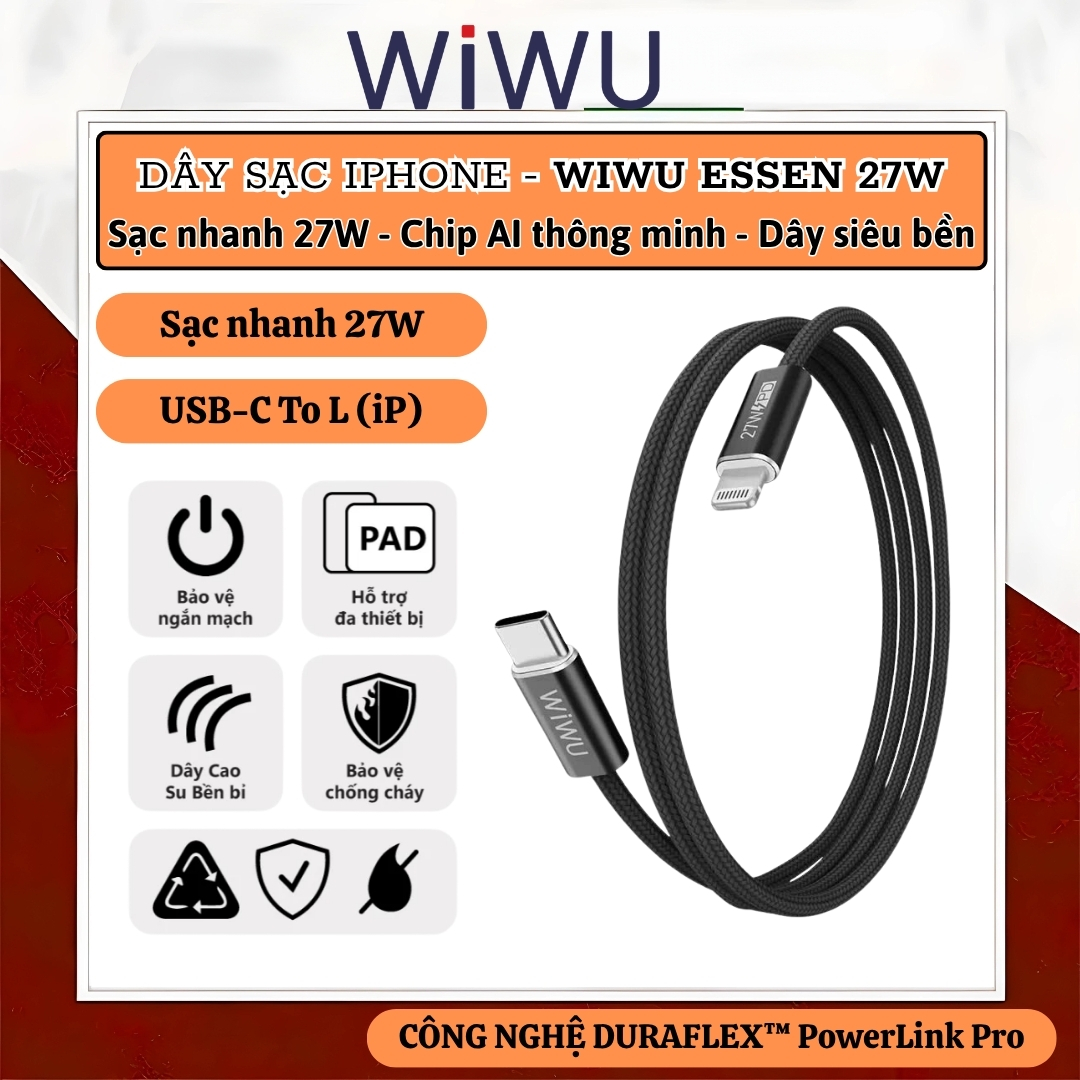 Dây cáp sạc nhanh PD 27W USB-C to Lightning công nghệ SmartChip AI DURAFLEX PowerLink Pro dài 150cm WIWU ESSEN cho iPhone/ iPad 7 8 11 12 13 14 Pro X Xs Max - Sạc nhiệt độ thấp, Chip thông minh, Dây bện siêu bền, Chống rối + dây buộc gọn - Hàng nhập khẩu