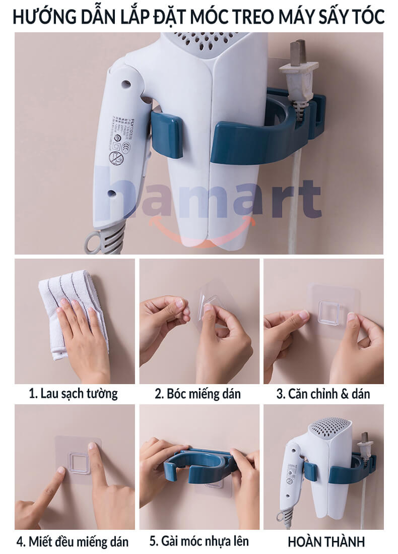 Móc Treo Máy Sấy Tóc Hamart Giá Đỡ Nhựa Kèm Miếng Dán Tường Siêu Dính Tiện Lợi