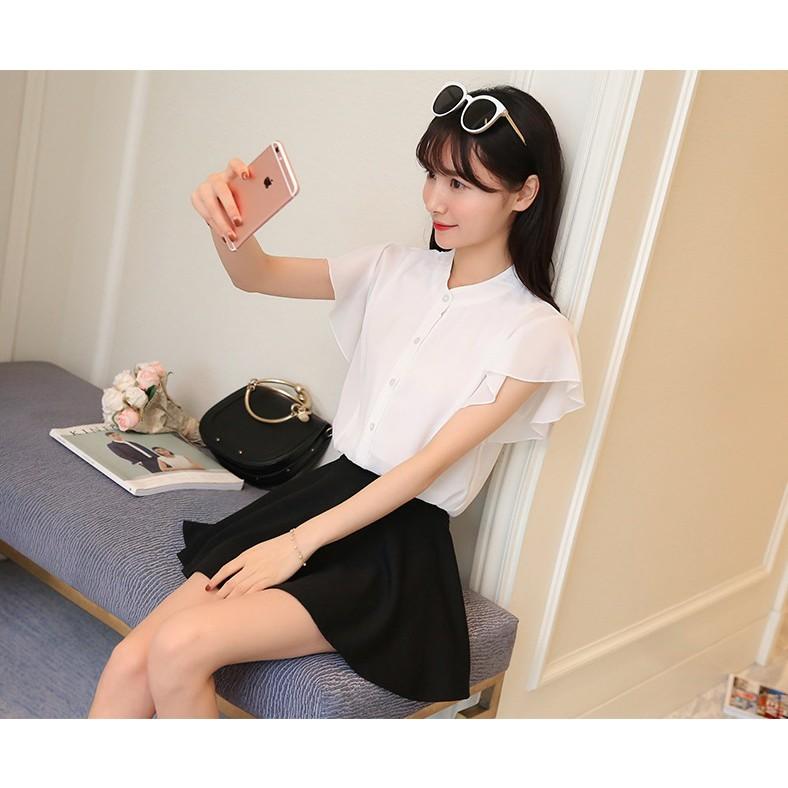 Sơ mi nữ màu trắng, áo cổ tàu tay cánh tiên S19