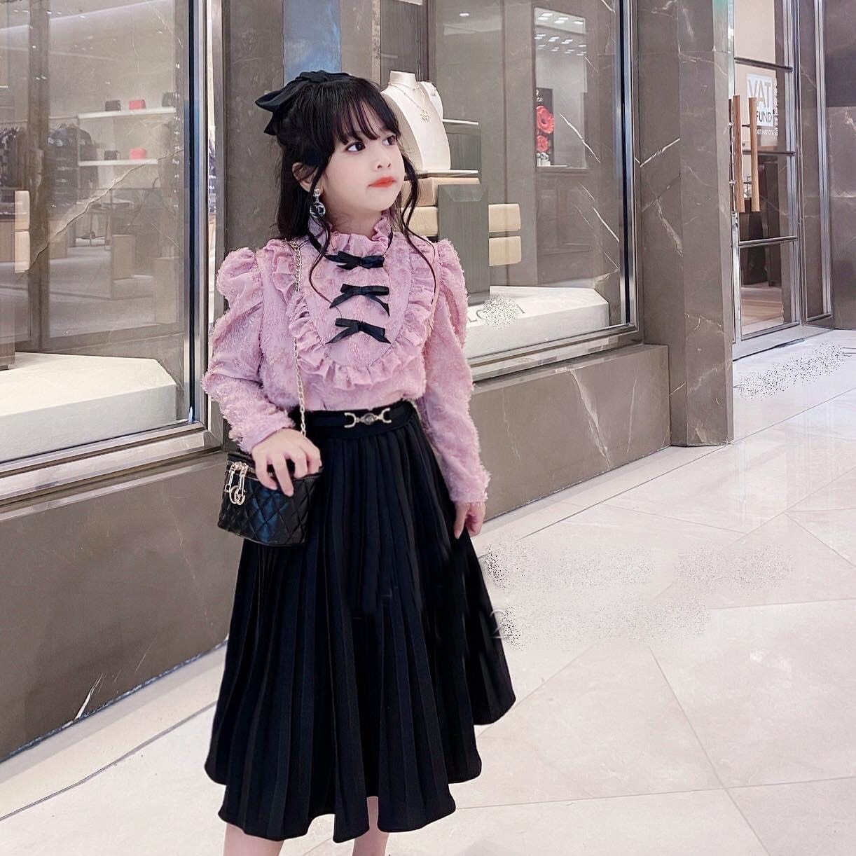 Đầm váy bé gái, sét áo lông chân váy xếp li size đại cho bé gái từ 18kg đến 35kg( màu trắng, hồng