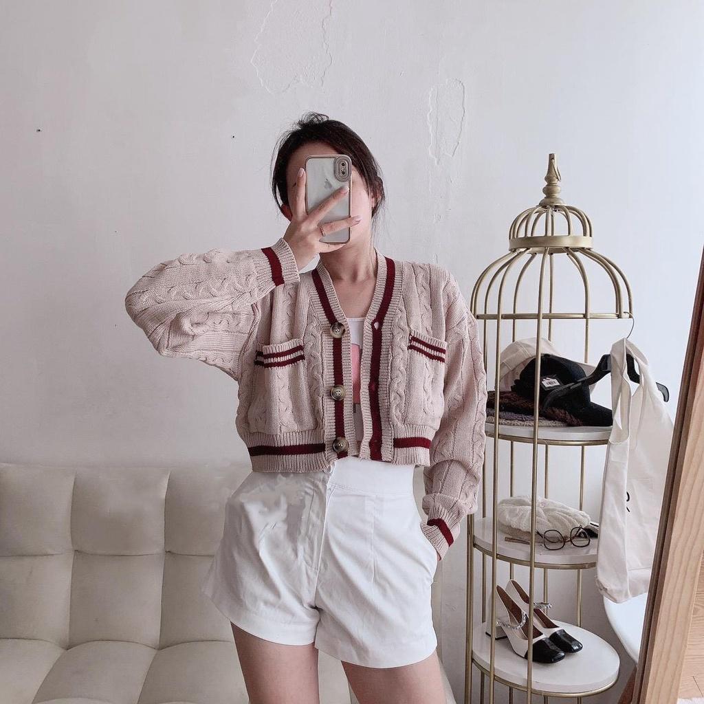 Áo Croptop Cardigan Len Thừng Viền Đỏ Chất Len Dày Mịn Đẹp, Labibi