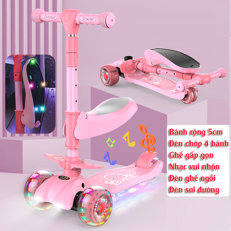 Xe scooter 3 bánh tự cân bằng, 3in1 có ghế gấp gọn, xe chòi chân thăng bằng , xe trượt 3 bánh có nhạc và đèn chiếu sáng