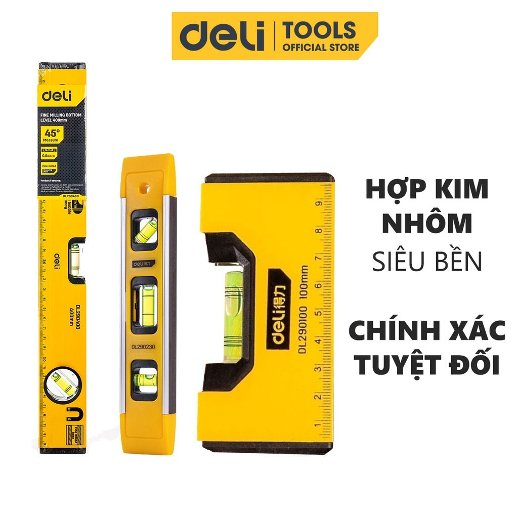 Thước Thủy Deli Cao Cấp Chính Hãng - Chất Liệu Hợp Kim Nhôm Siêu Bền, Chính Xác Tuyệt Đối, Tiện Dụng DL290230 EDL290400