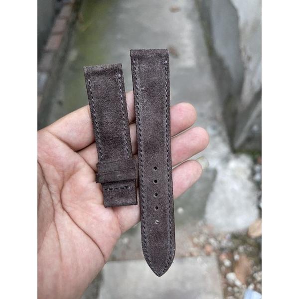 Dây Đồng Hồ Da Bò Lộn Khâu Viền Màu Nâu Xám Da Bò Thật Tặng Kèm Khóa Chốt Size 18, 20, 22
