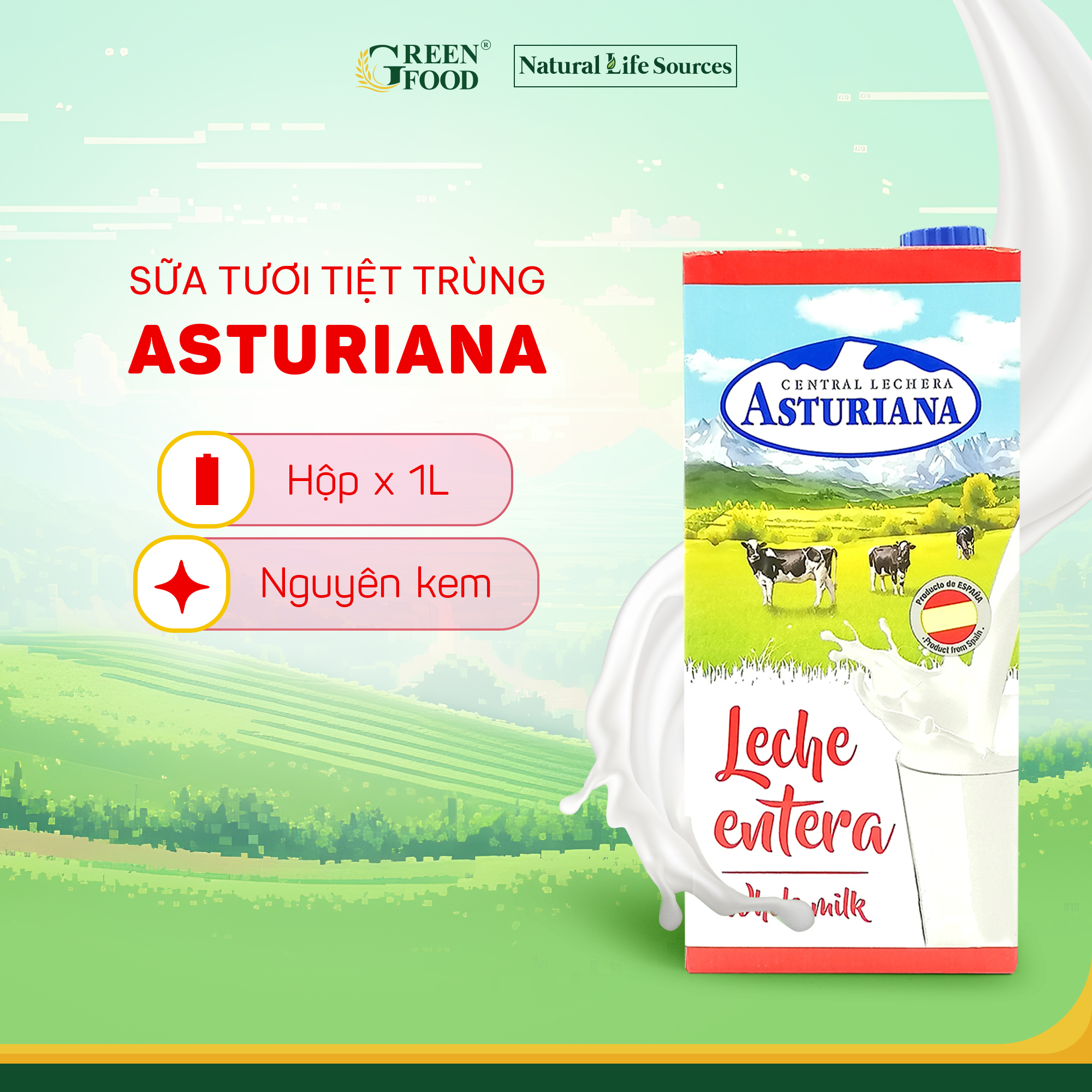 Sữa Tươi Tiệt Trùng ASTURIANA Nguyên Kem Hộp 1L - Độ Béo Cao 3.6%, Không Đường, Nhập Khẩu từ Tây Ban Nha