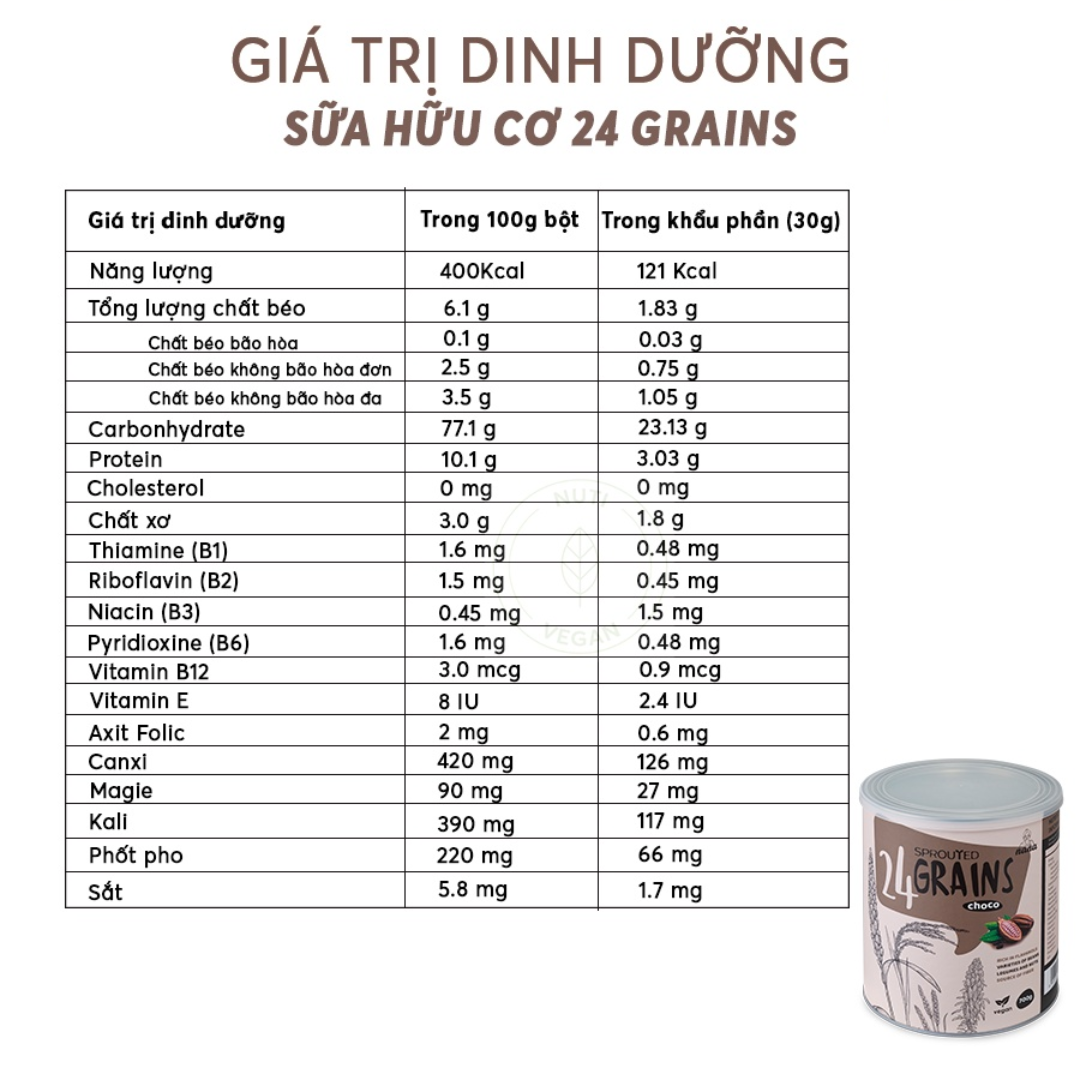 Sữa Hạt Thực Vật Hữu Cơ 24Grains Vị Cacao Hộp 700g, Sữa Hữu Cơ Bổ Sung Dinh Dưỡng &amp; Tốt Cho Tim Mạch Date Mới - miwako