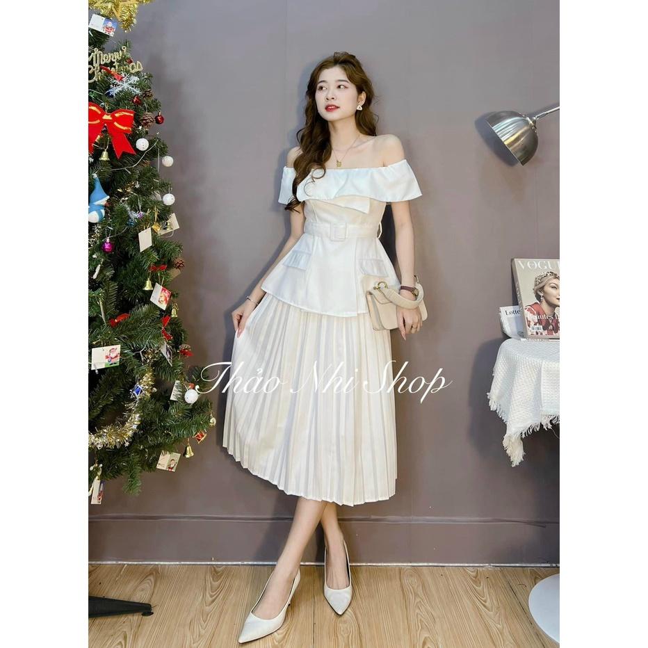Set áo trắng bẹt vai cháo đắp tà chân vấy trắng midi dập ly mẫu chị thảo nhi shop