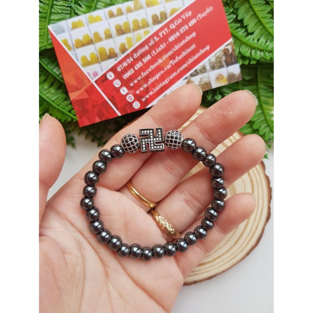 Vòng tay Phật giáo thiết kế màu xám mix charm hợp kim cao cấp