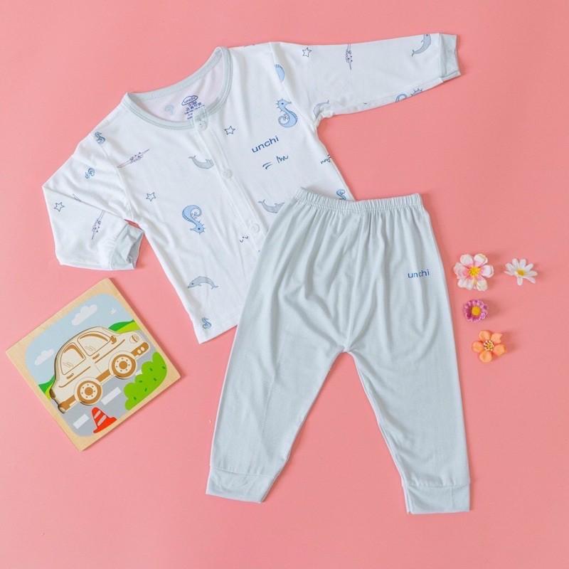 Bộ dài tay khuy giữa Minky chất vải peptit siêu mềm mịn cho bé trai/bé gái- Bộ dài tay Unchi peptit
