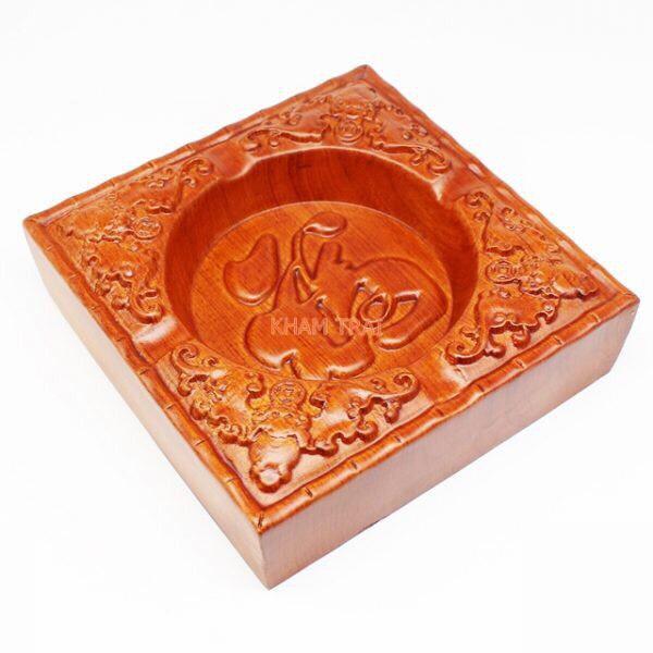 Gạt tàn thuốc gỗ hương nguyên khối tiện vuông chạm chữ phong thủy size to - BẢO HÀNH GỖ 10 NĂM