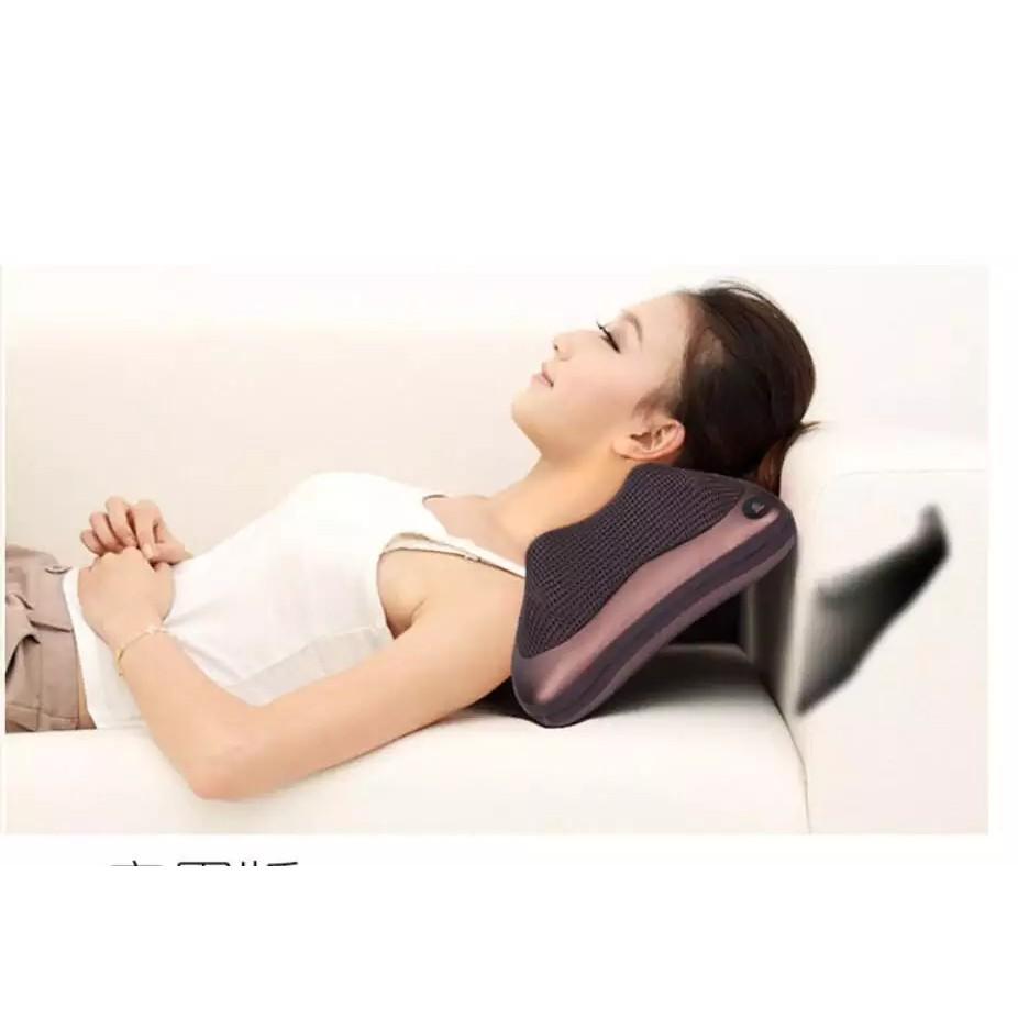 Gối mát-xa hồng ngoại Massage Pillow nâu 8 bi nhật bản + Tặng máy mát xa cá heo cao cấp