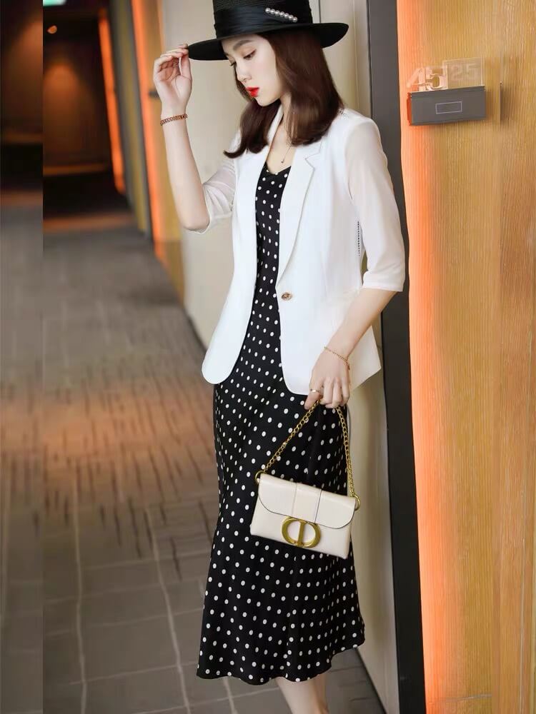 Set vest + đầm suông bi