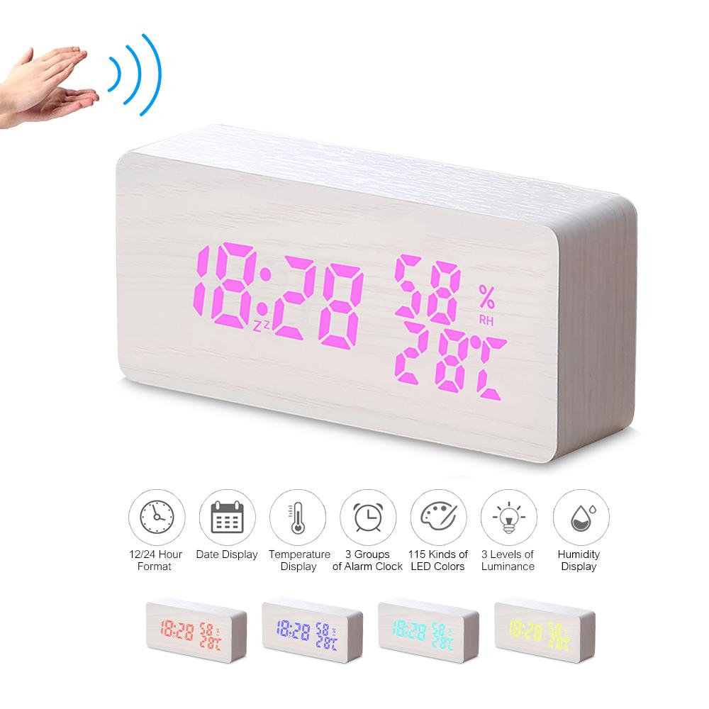 Đồng hồ để bàn kỹ thuật số LED 115 màu bằng gỗ với 3 chế độ hiển thị, cổng sạc USB