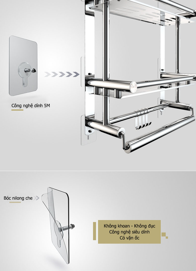 Giá Treo Khăn Nhà Tắm 2 Tầng INOX 304 Dán Tường Gạch Men Hoặc Khoan Vít Nở - OENON