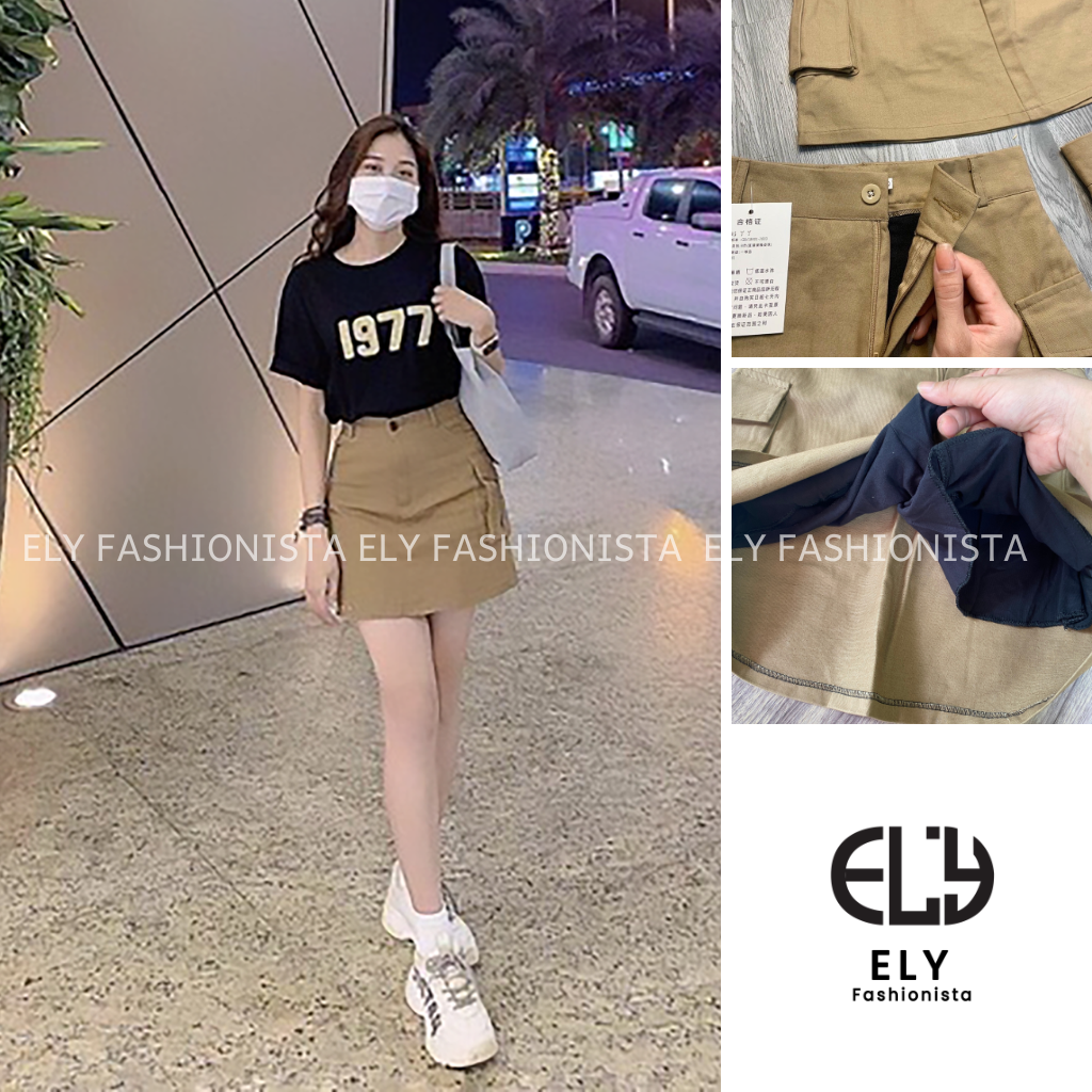 Chân váy kaki nữ cạp cao chữ A túi hộp hàng may kỹ, 2 lớp hàng cao cấp-ELY203
