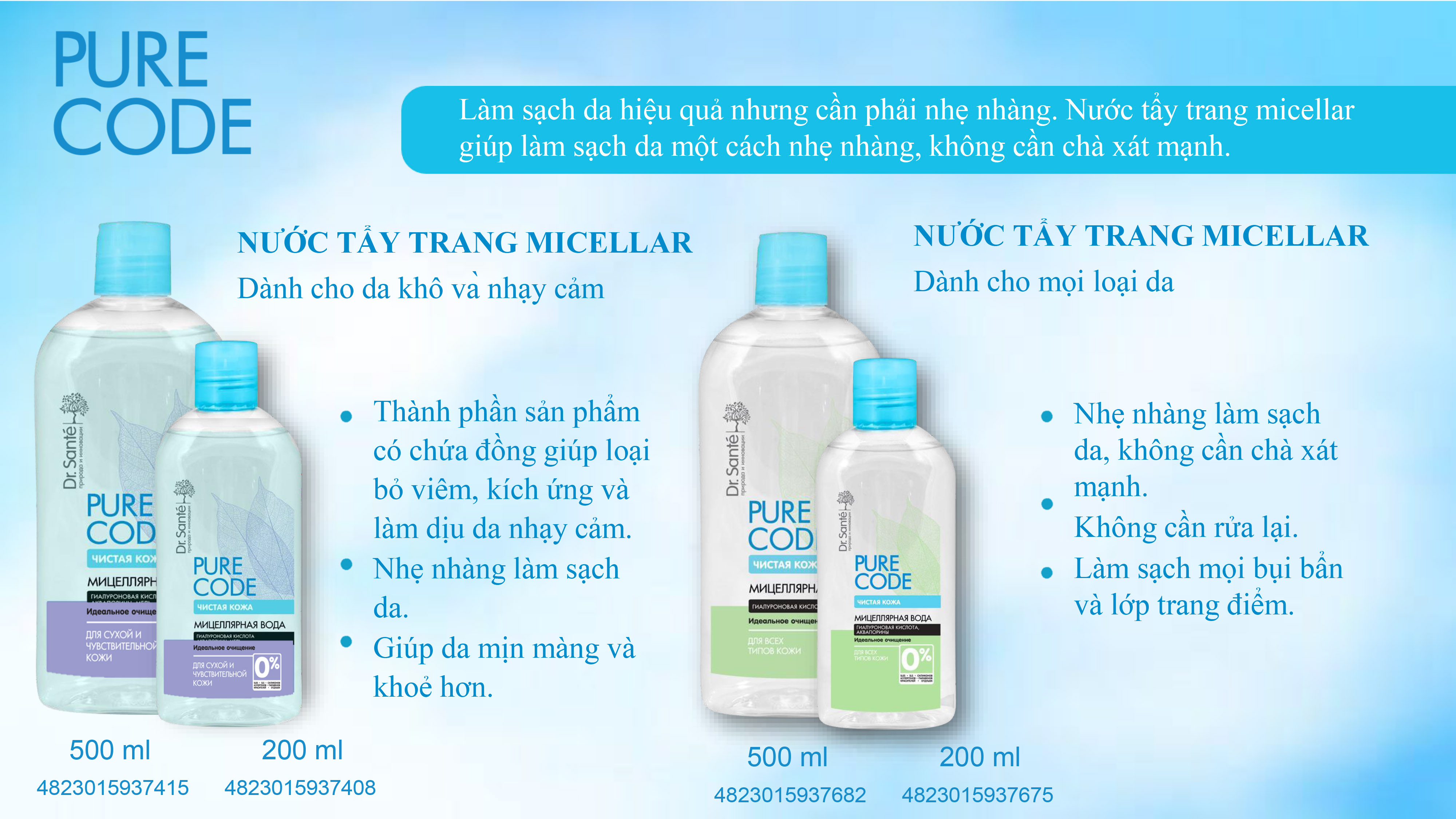 Nước tẩy trang Micellar Pure Cоde dành cho mọi loại da 500ml