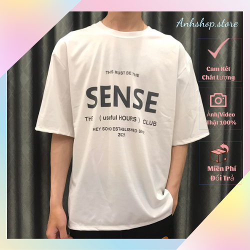 Áo thun unisex tay lỡ form rộng nam, nữ họa tiết in chữ sense,Chất vải cotton tháng mát dễ chịu