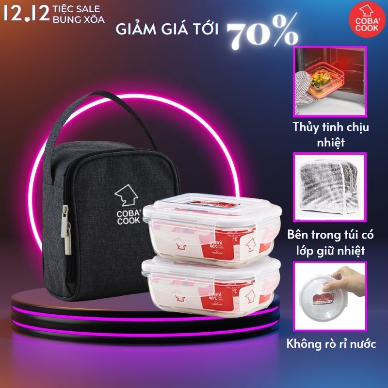 Bộ 2 hộp đựng cơm, trữ thức ăn thủy tinh cường lực chịu nhiệt COBA'COOK 2 hộp chữ nhật 640ml và 1 túi giữ nhiệt- CCL62BS