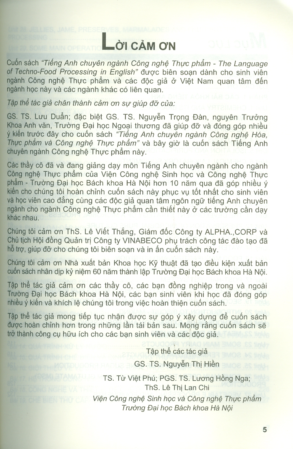 Tiếng Anh Chuyên Ngành Công Nghệ Thực Phẩm (Song Ngữ Anh - Việt ) - GS. TS. Nguyễn Thị Hiền chủ biên, ThS. Lê Thị Lan Chi, TS. Từ Việt Phú, PGS. TS. Lương Hồng Nga