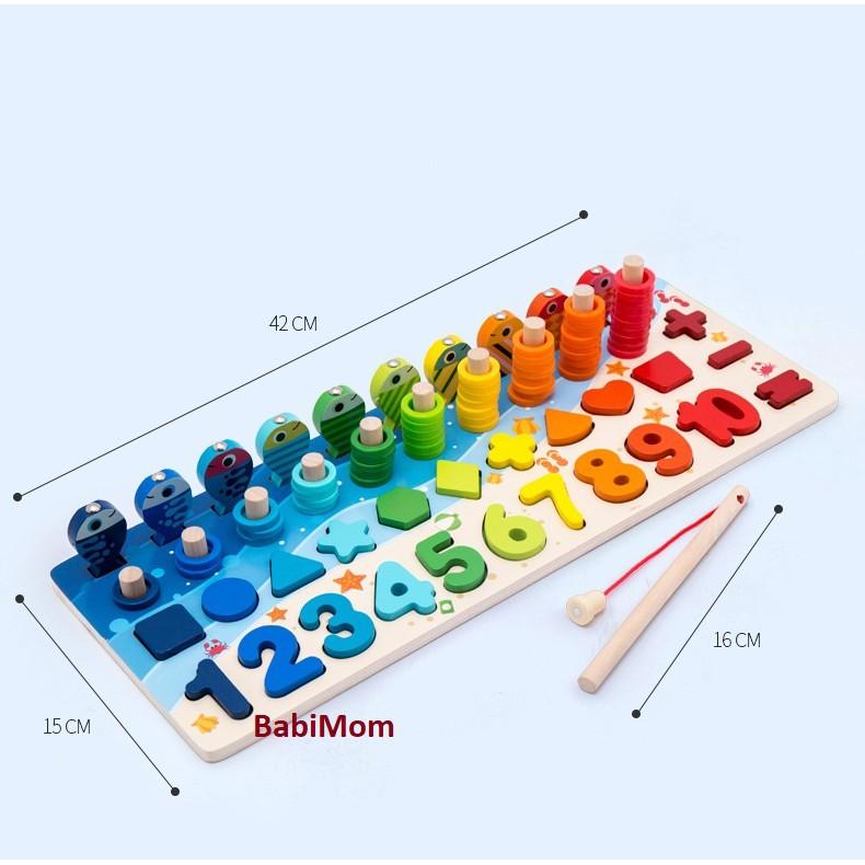 Đồ chơi bằng gỗ màu sắc đáng yêu cho bé bảng đếm các chữ số, 10 bậc thang, thả hình kèm câu cá 4 in 1