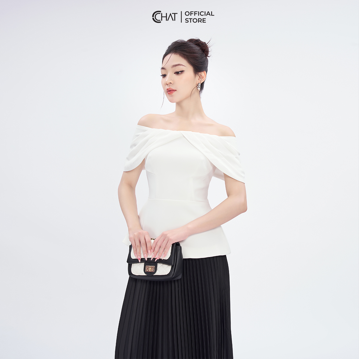 Áo Kiểu Nữ  Dáng Peplum Trễ Vai Xếp Nếp Chất Tuytsi Cao Cấp 53ANS2018PT