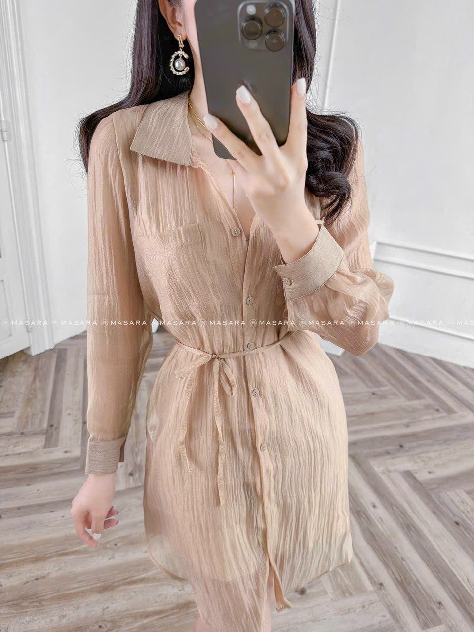 ĐẦM SƠ MI TƠ GÂN CAO CẤP CỘT DÂY EO MÀU Y HÌNH