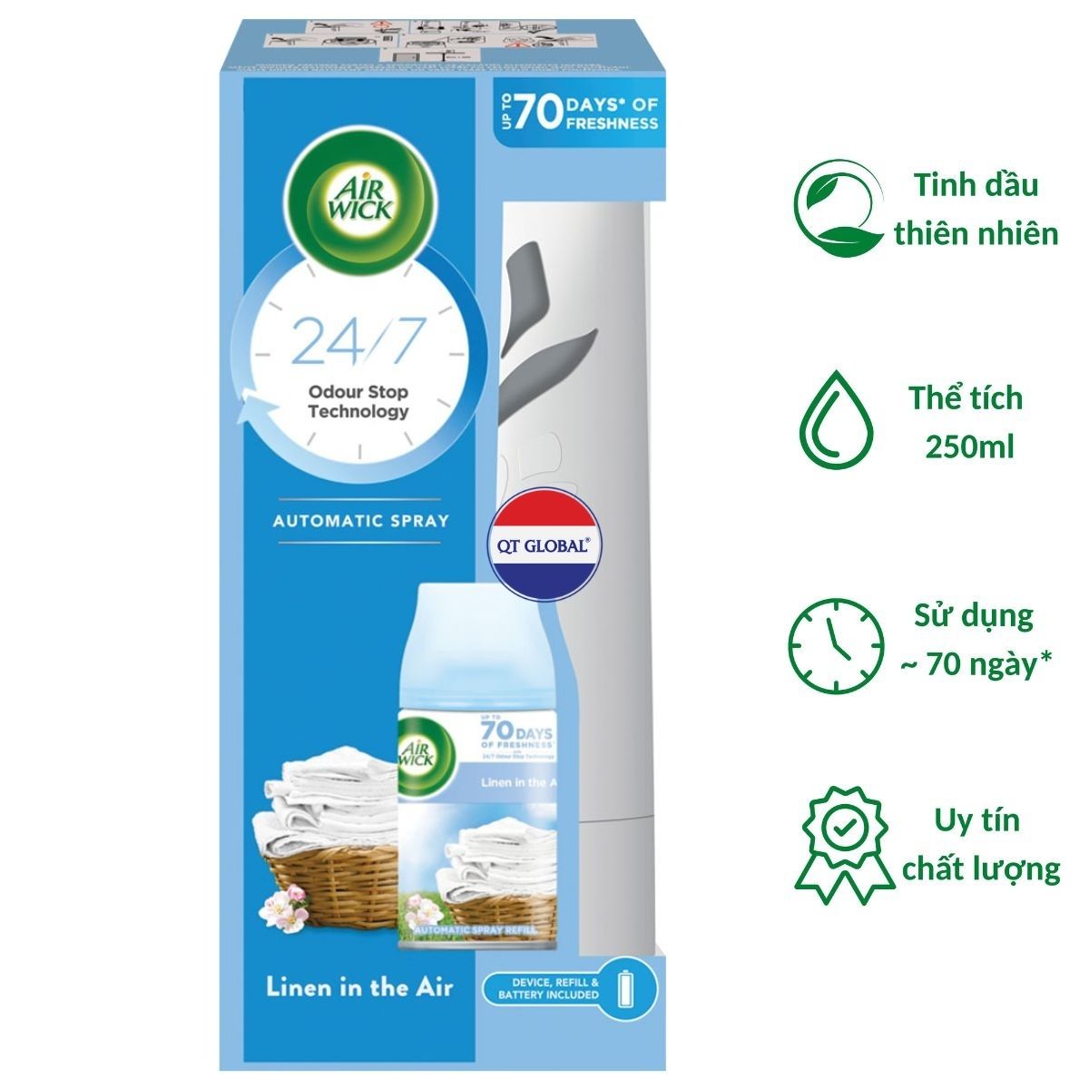 Bộ xịt thơm phòng tự động Air Wick Linen in the air 250ml QT06512 - hương hoa táo