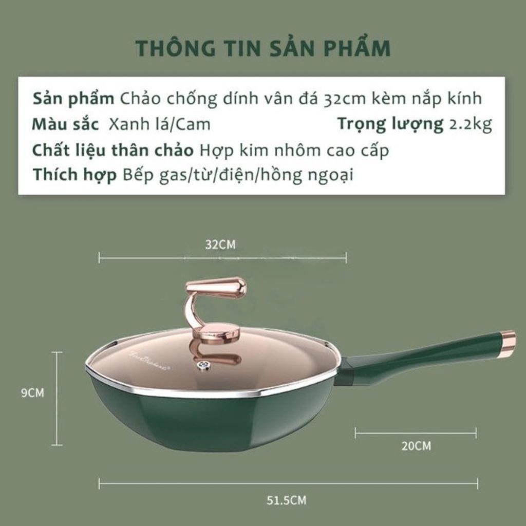 Chảo đá chống dính bát giác cao cấp 32cm kèm vung thuỷ tinh, chất liệu thép hợp kim kháng khuẩn, dùng được mọi loại bếp