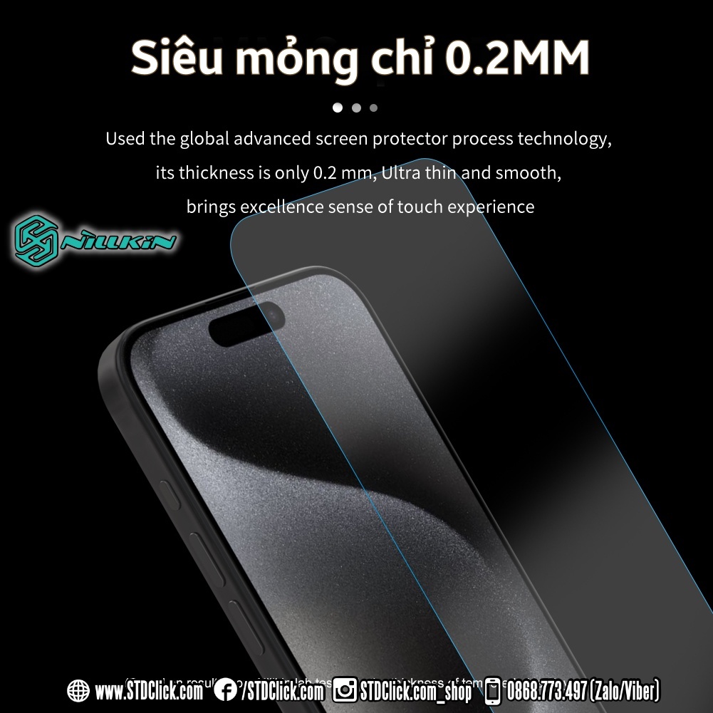 KÍNH CƯỜNG LỰC DÀNH CHO ĐIỆN THOẠI IPHONE 15 PRO MAX - 15 PRO - 15 PLUS - 15 NILLKIN H+PRO 0.2MM