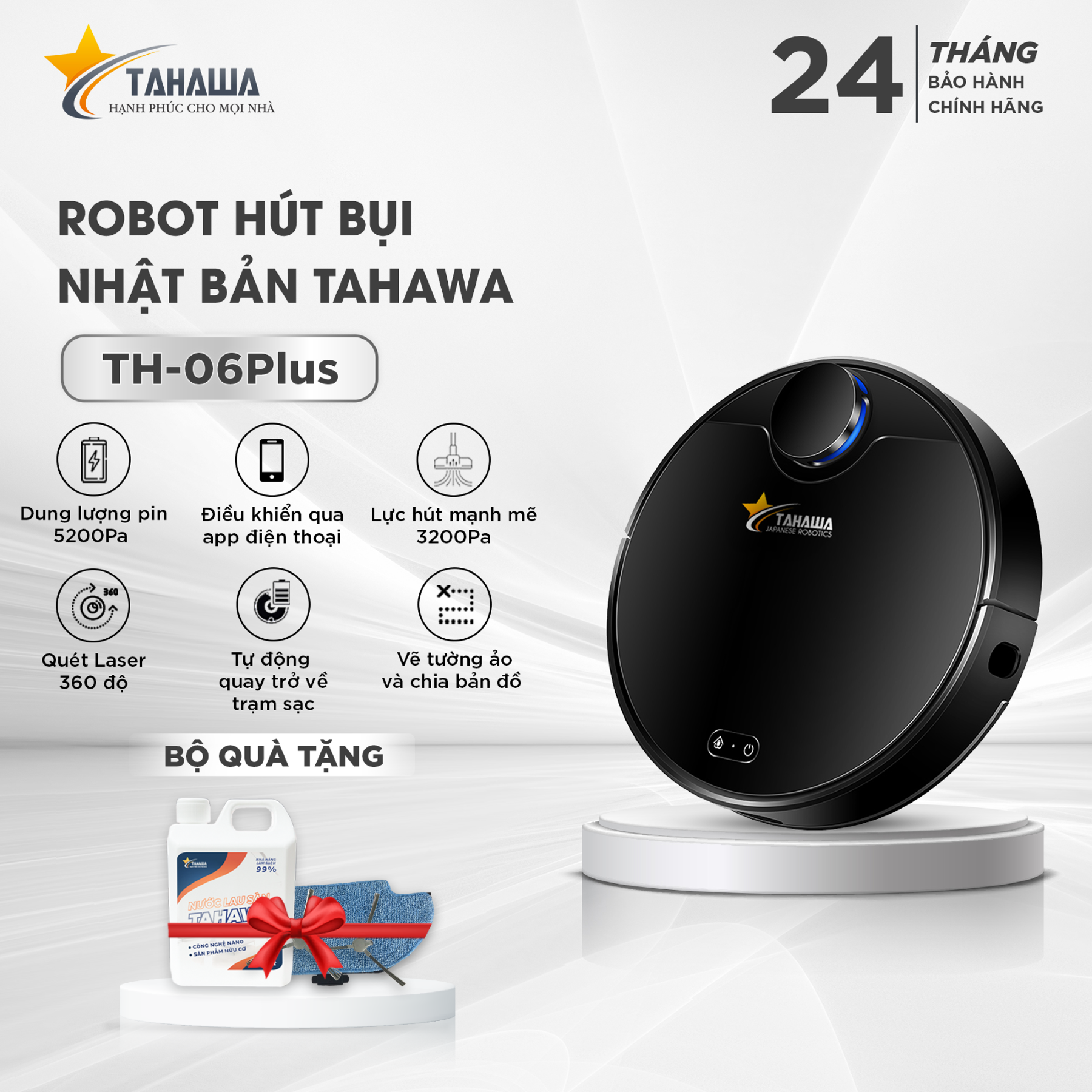 Robot hút bụi TAHAWA TH-06 PLUS Robo hút bụi lau nhà với các tính năng nổi bật và hiện đại. Tiết kiệm thời gian và công sức khi sử dụng riêng biệt từng chế độ robot hút bụi lau nhà thông minh 3 in 1 hút, quét, ,lau. Bảo hành chính hãng 2 năm