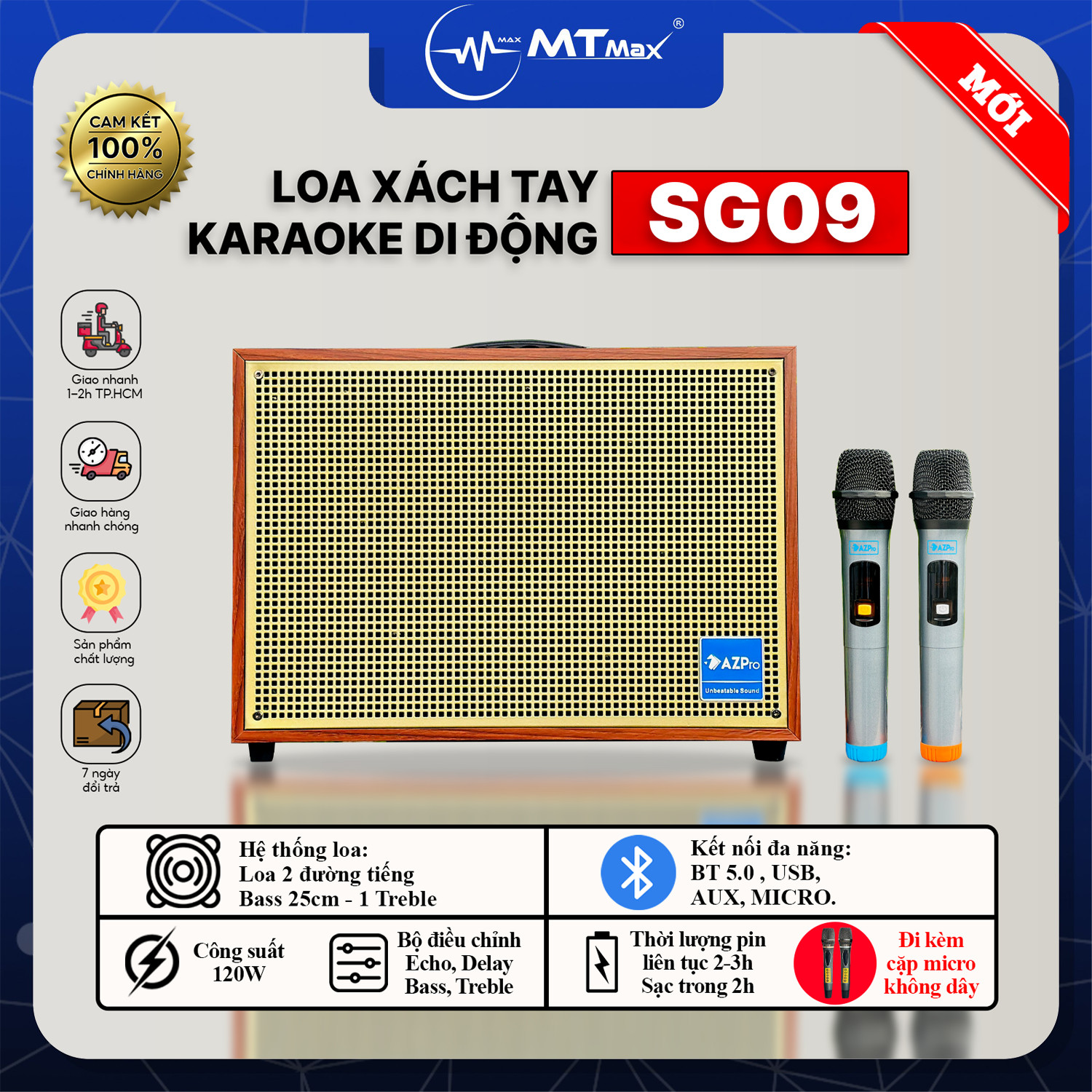 Loa Xách Tay Di Động AZPro SG09 - Loa 2 Đường Tiếng Bass25 Siêu Trầm Âm Thanh Mạnh Mẽ Vô Đối Đi Kèm 2 Micro Không Dây hàng chính hãng