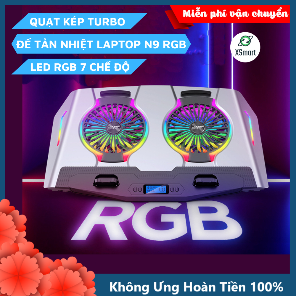 Đế Giá Đỡ Quạt Tản Nhiệt N9 Cao Cấp Hệ Thống Quạt Kép Turbo Cực Mát Led RGB 7 Chế Độ, Chất Liệu Hợp Kim Nhôm Cao Cấp, Tương Thích Với Laptop Dưới 17Inch-Hàng Chính Hãng