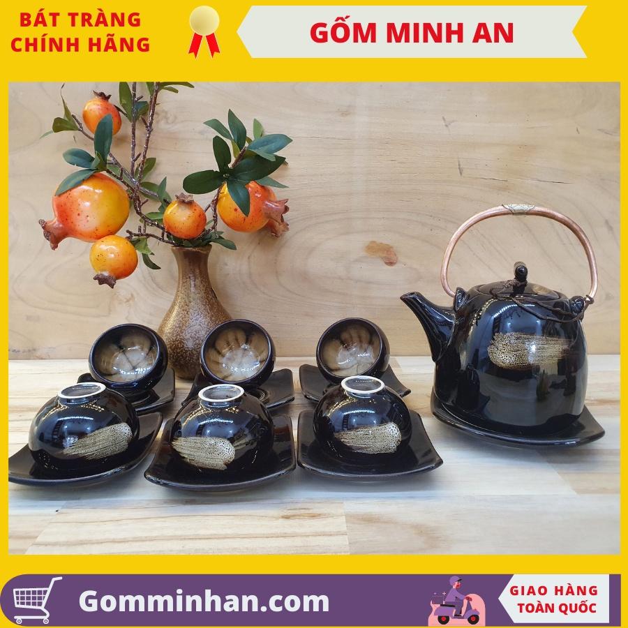 Bộ ấm trà gốm sứ Bát Tràng đẹp Bộ ấm chén sứ màu cà phê xước, chén vẽ lòng hoa- Gốm Minh An