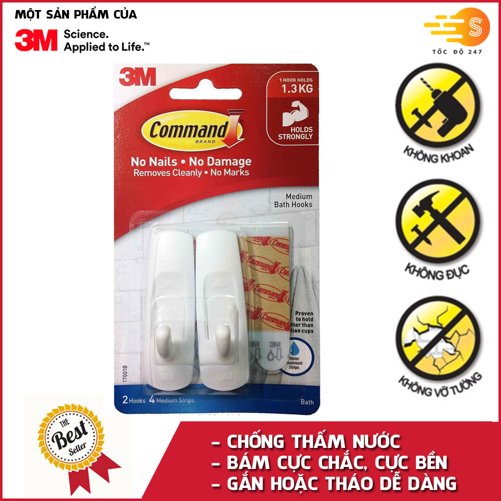 Bộ 2 móc treo tường cường lực siêu dính chống thấm nước 1300 gram Command 3M 3M-17001B