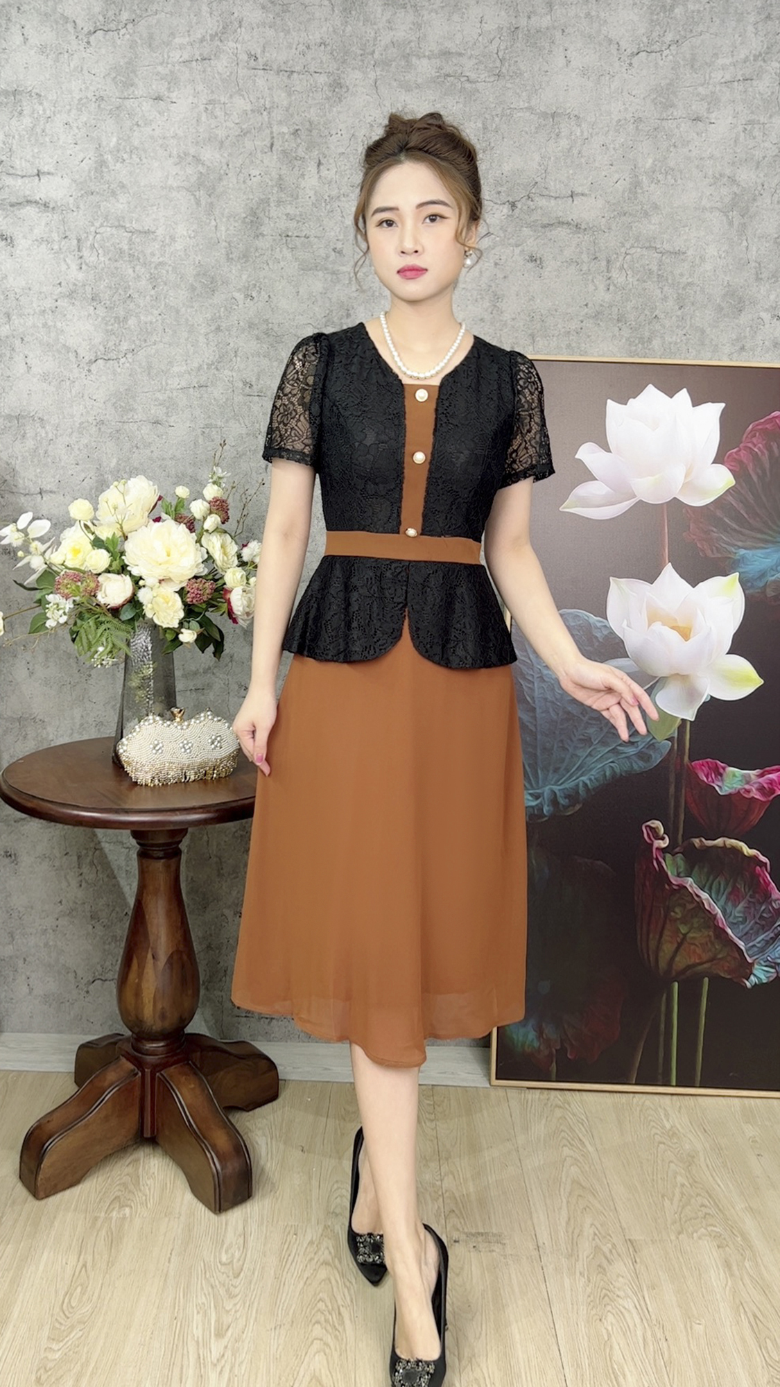 Đầm Quý Bà Sang Trọng [ Linh Trà ] (TM 444) Cao Cấp Vải Phối Ren Bigsize Thoải Mái Quý Phái Đa Dụng Cho Tuổi Trung Niên