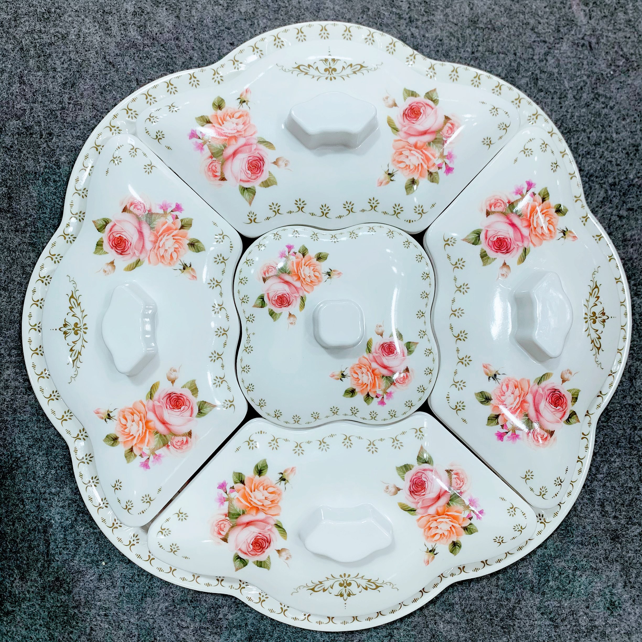 Khay đựng mứt bằng nhựa cao cấp giả sứ đa chức năng và nhiều ngăn 28*8 cm