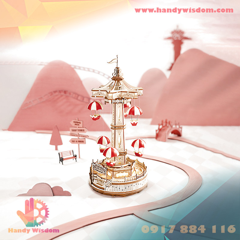 Mô hình hộp nhạc gỗ - tháp dù - Robotime Parachute Tower EA01