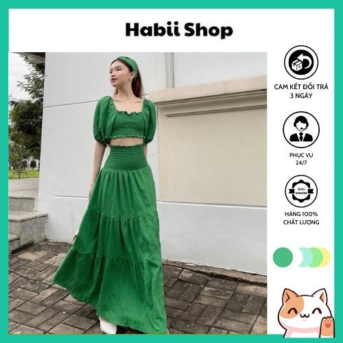 Set váy maxi đi biển dáng dài phối áo croptop tay bồng HABII SE11