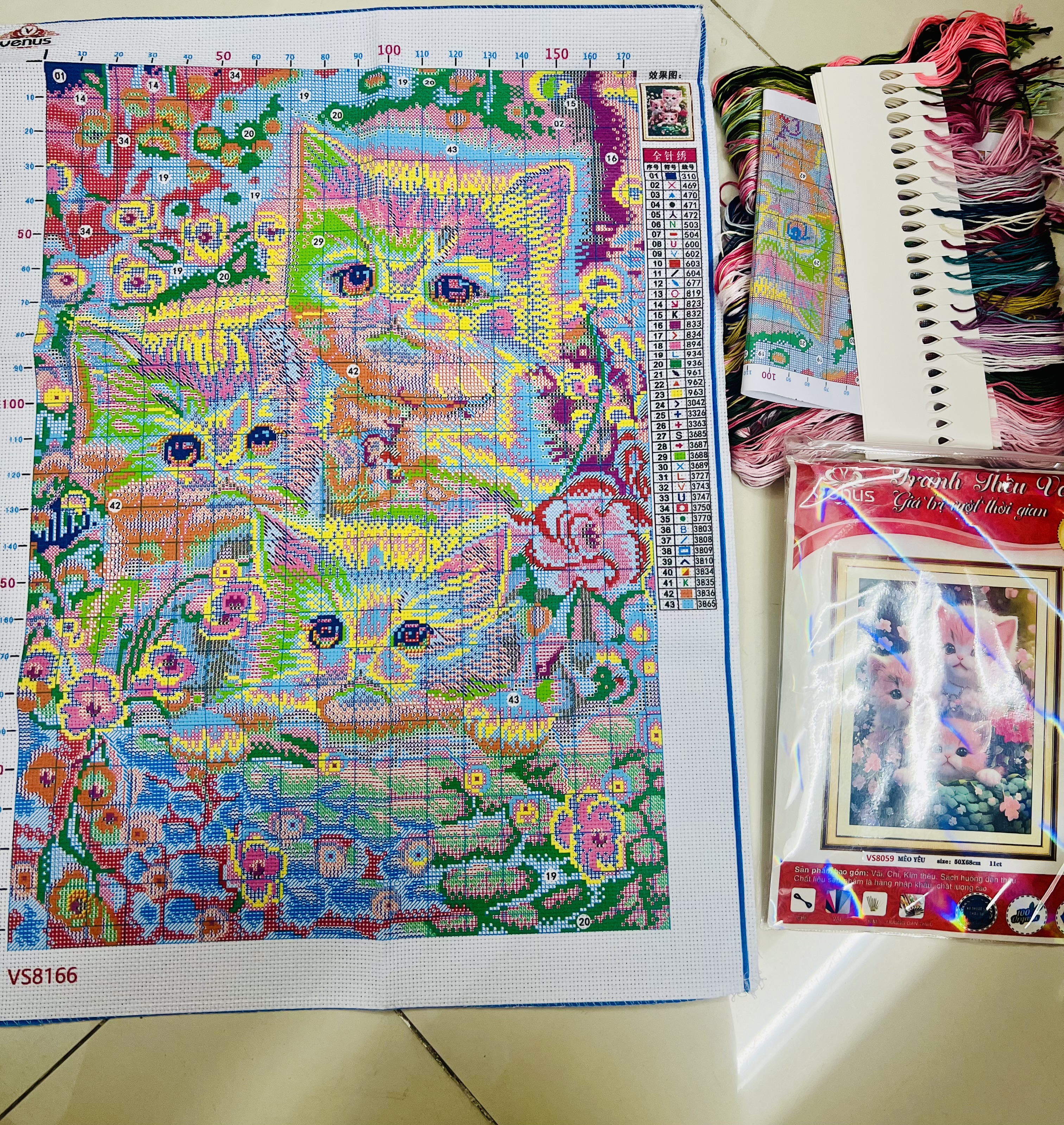 Tranh thêu kín mèo dễ thương vs8059, kích thước 50 x 68 cm