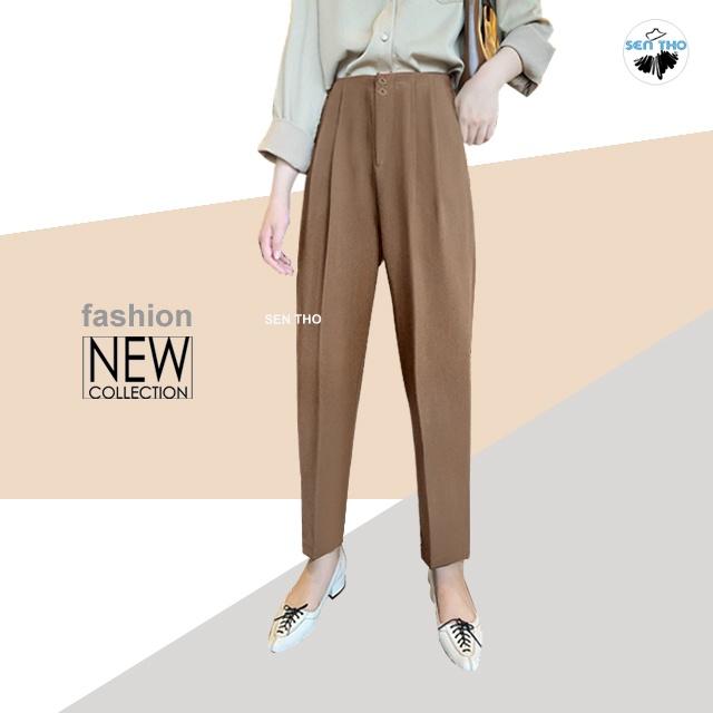 Quần Baggy Nữ Công Sở Xếp Ly Cạp Liền, Hai Khuy Chất Vải Cotton 2 Biên Nhẹ Mát Mau Đen Nâu Tây Trẻ Trung