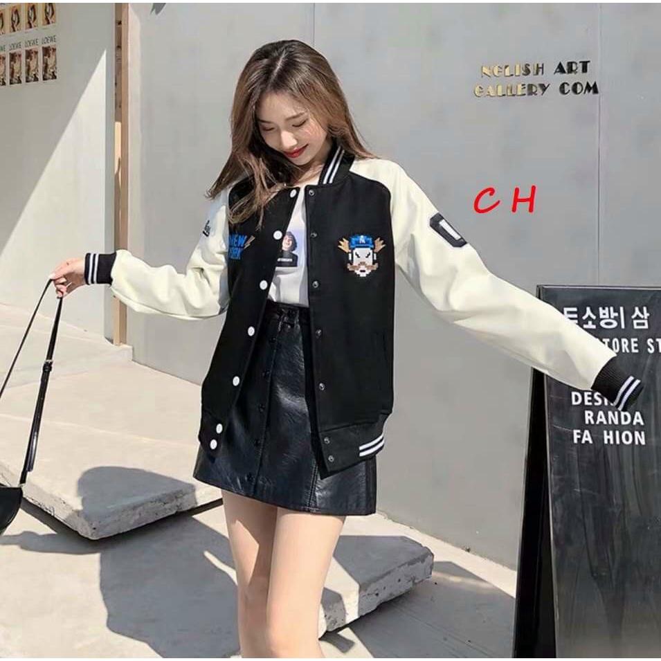 Áo khoác bomber nữ cổ tàu chất nỉ bông phối màu đẹp