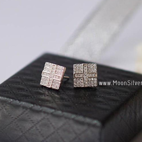 Khuyên tai bạc vuông chữ thập