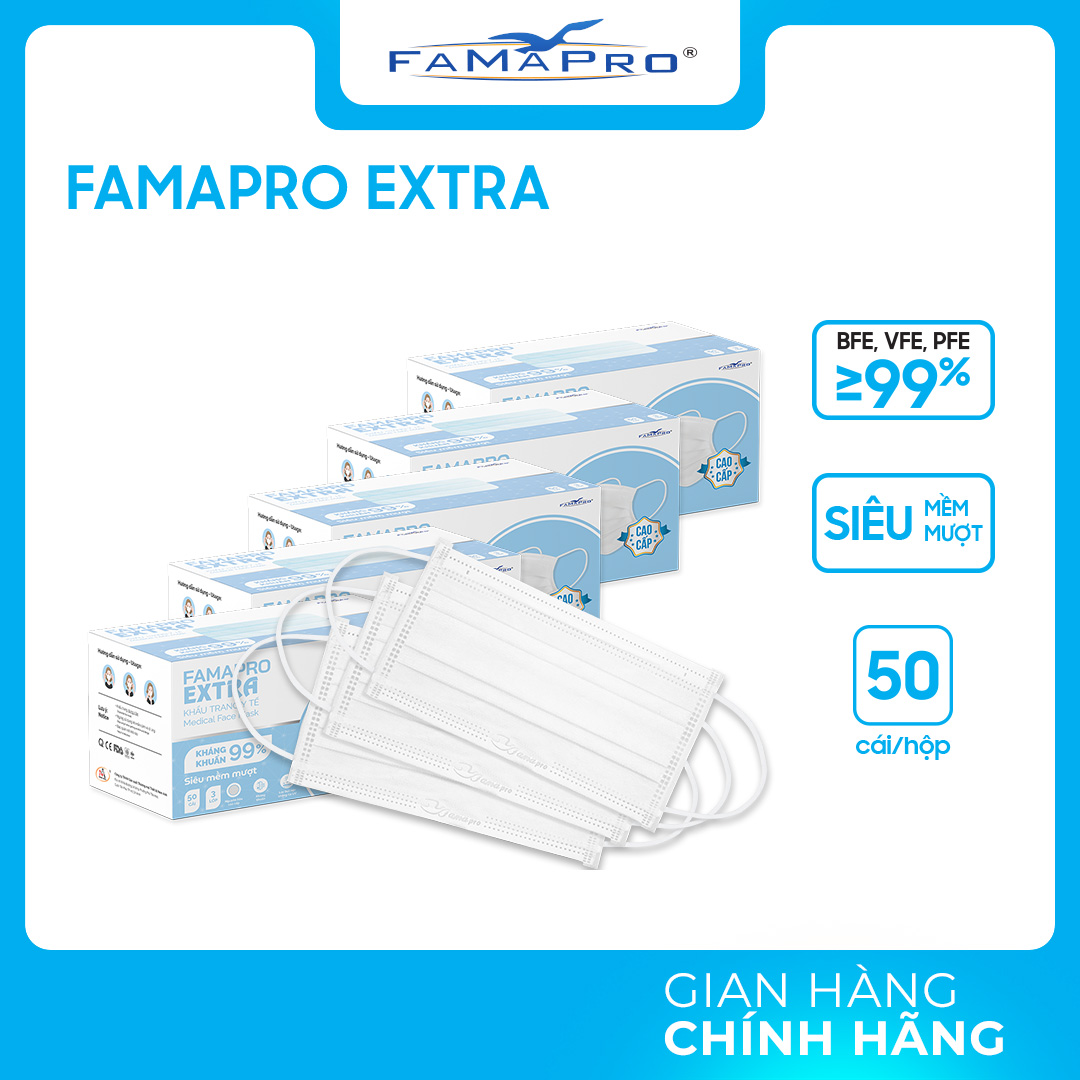 HỘP – FAMAPRO EXTRA – Khẩu trang y tế kháng khuẩn 4 lớp Famapro Extra 50 cái hộp – TRẮNG – COMBO 5 HỘP