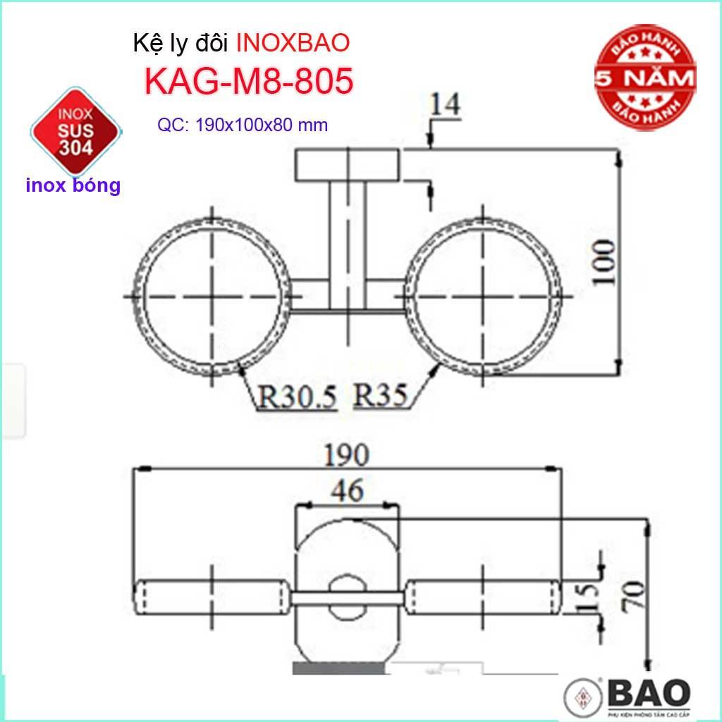 Kệ ly đôi Inox Bảo KAG-M8-805, giá 2 ly bàn chải đánh răng SUS304 dập khuôn cao cấp siêu bền thiết kế tuyệt đẹp tiện dụn